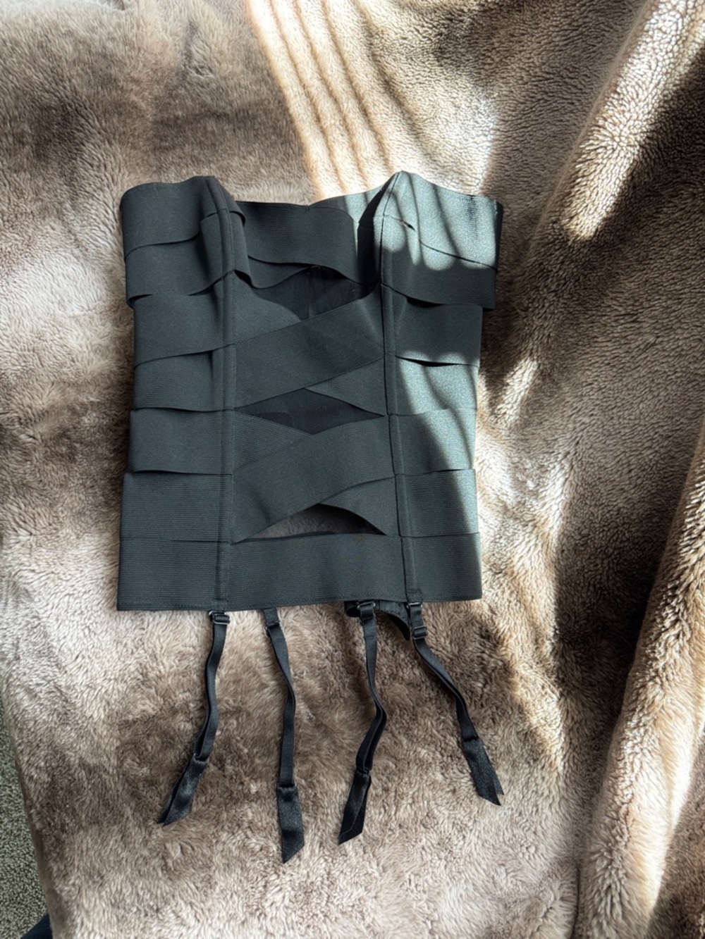 Frederick's of Hollywood Black Strapless Bandage Corset with Garter Straps.